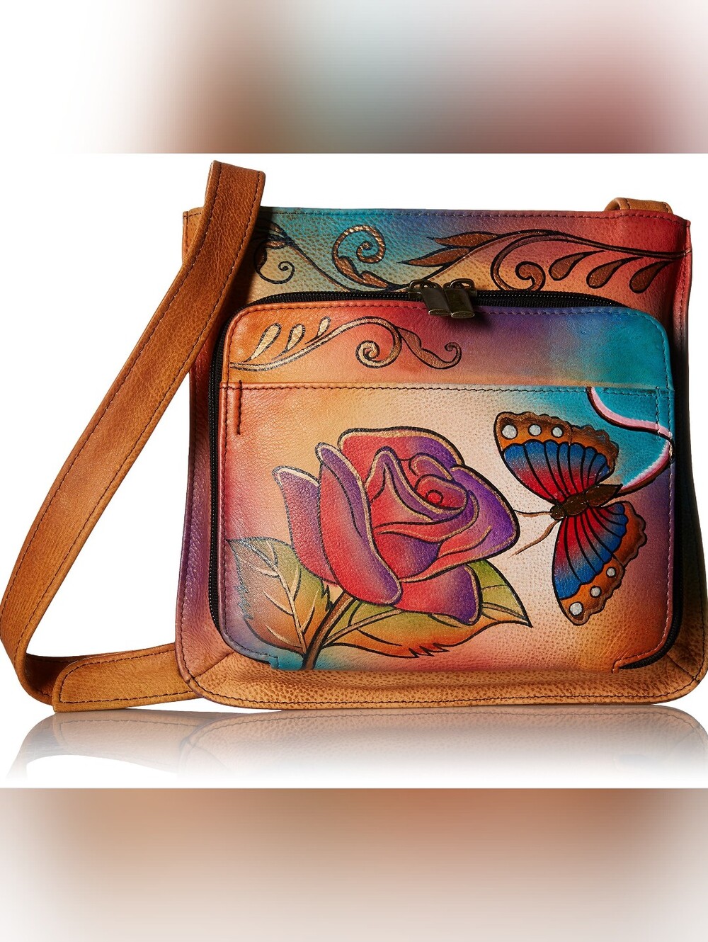 Anushka Genuine Leather Hand-Painted Multicolor Floral & Butterfly Crossbody Bag